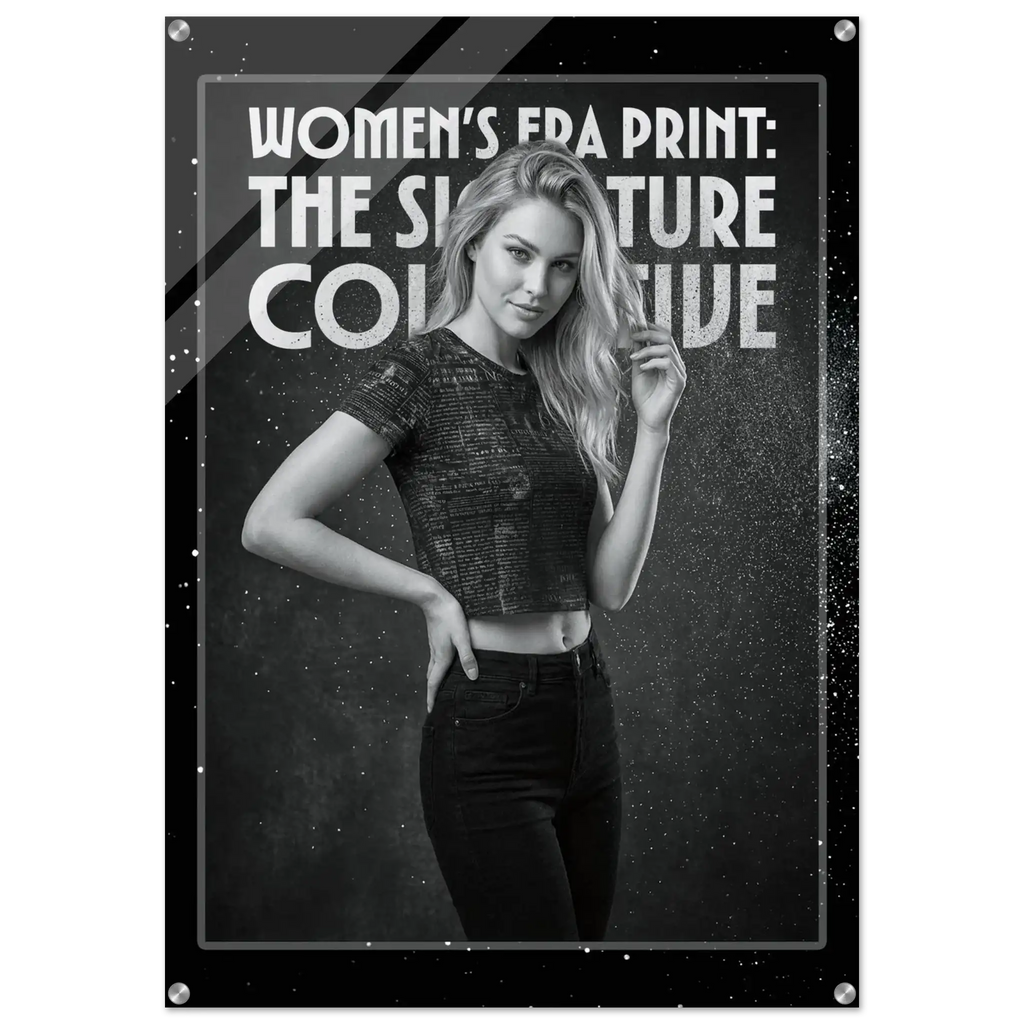 Poster with a woman posing and text about women's era print on a dark background