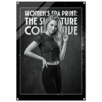 Poster with a woman posing and text about women's era print on a dark background