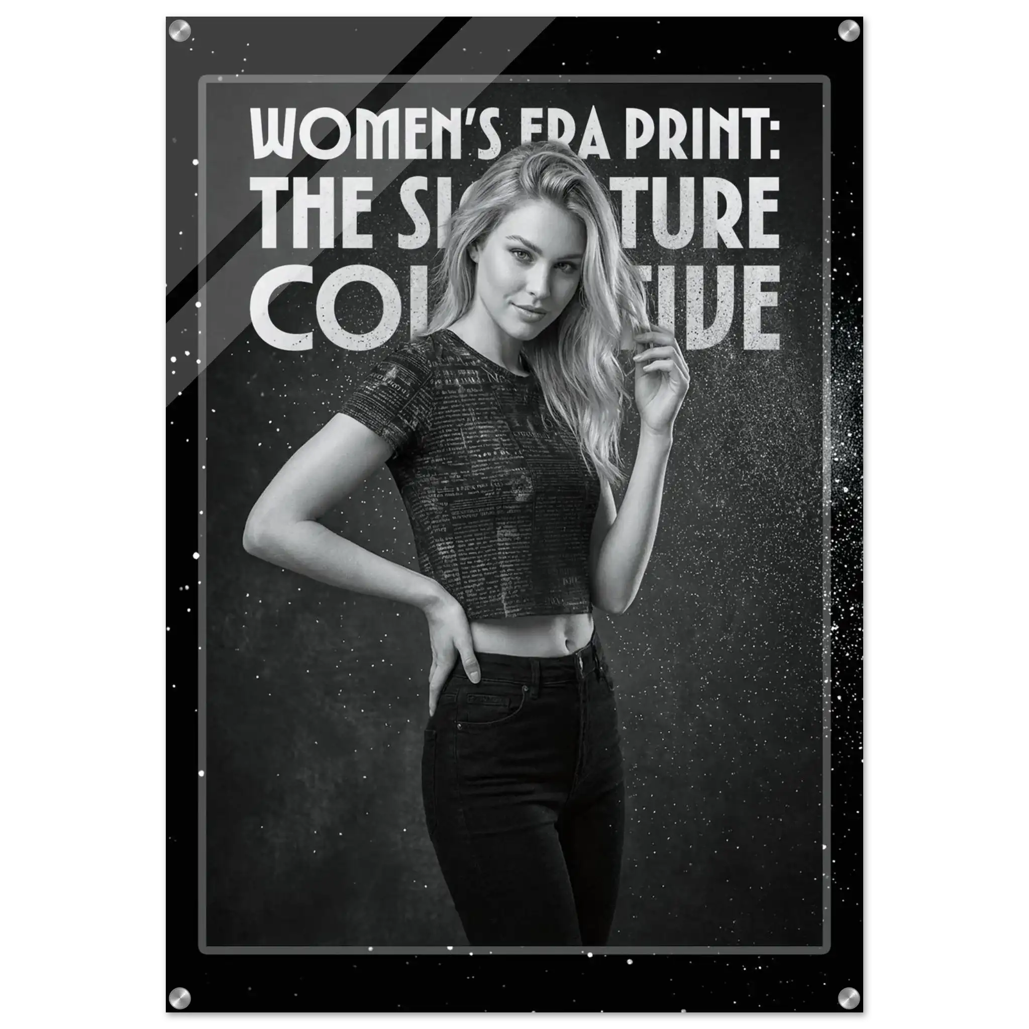 Poster with a woman posing and text about women's era print on a dark background