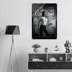 Poster of a woman in a room with a lamp and shelves.
