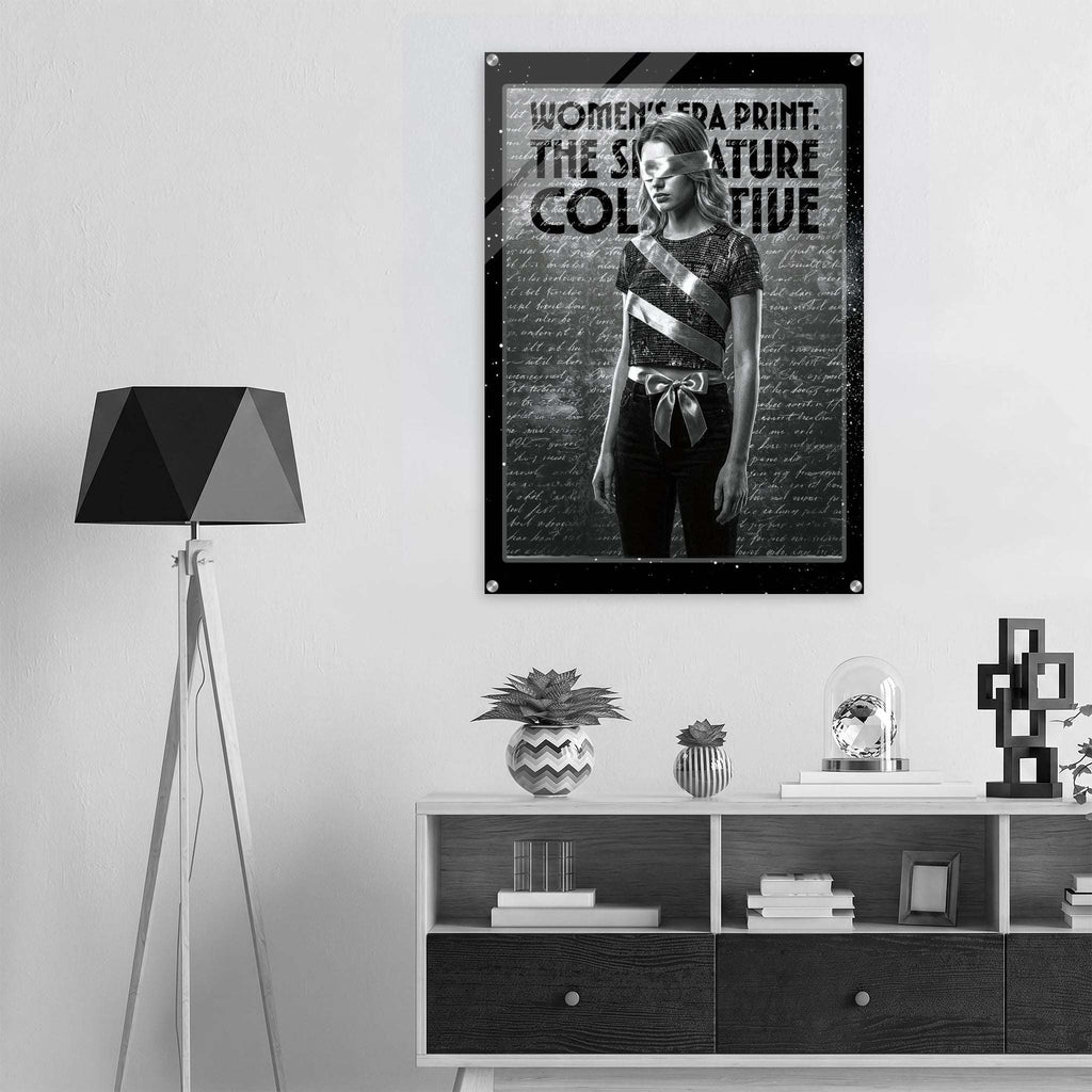 Poster of a woman in a black and white outfit with text on a wall above a shelf.