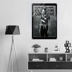 Poster of a woman in a black and white outfit with text on a wall above a shelf.