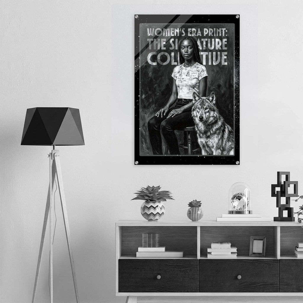 Poster of a woman and wolf with text on a wall above a shelf with decor items.
