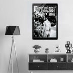 Poster on a wall above a shelf with decorative items