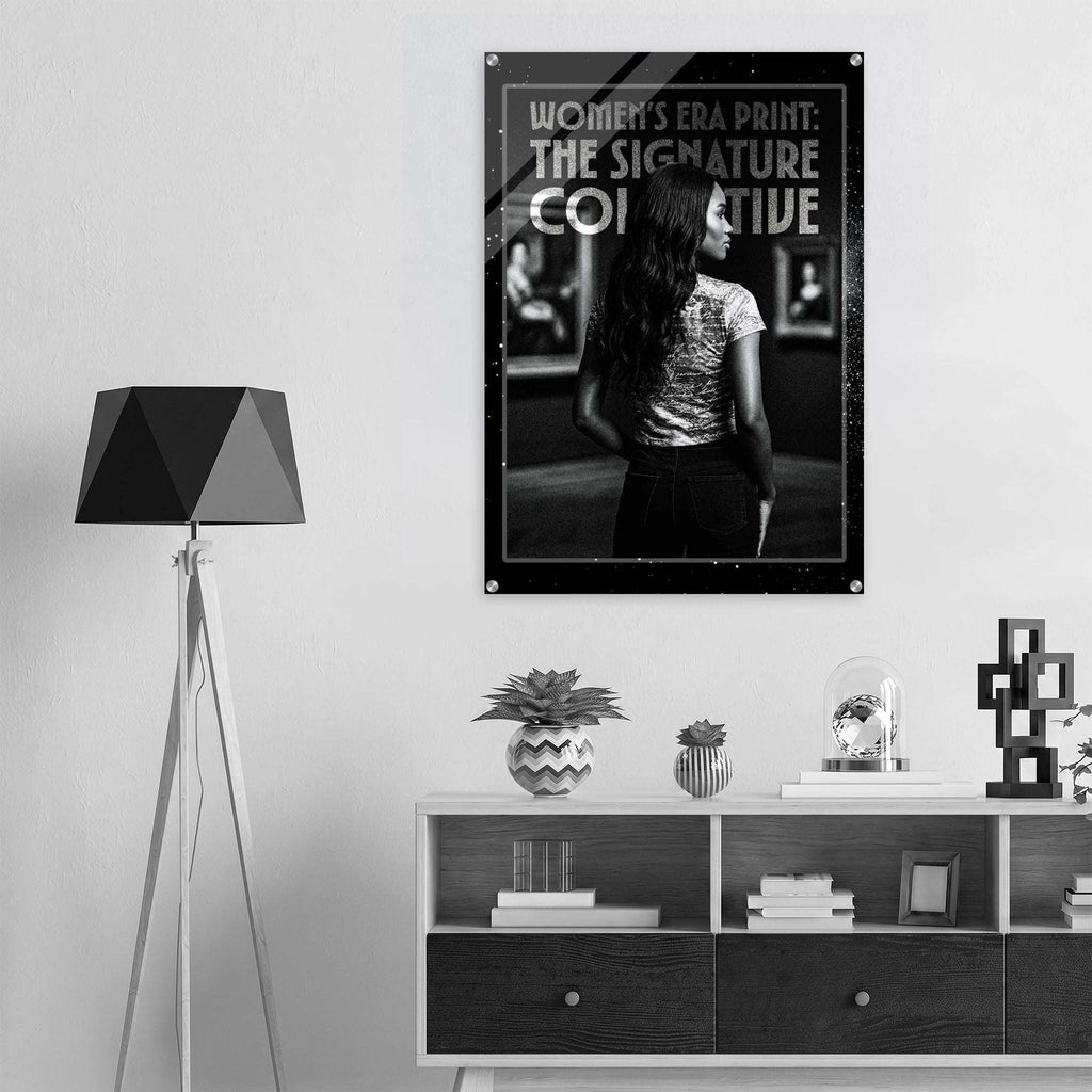 Poster of a woman with text on a wall above a shelf with decor items.