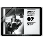 Framed poster with a woman standing next to a car, featuring branding text on a white background.