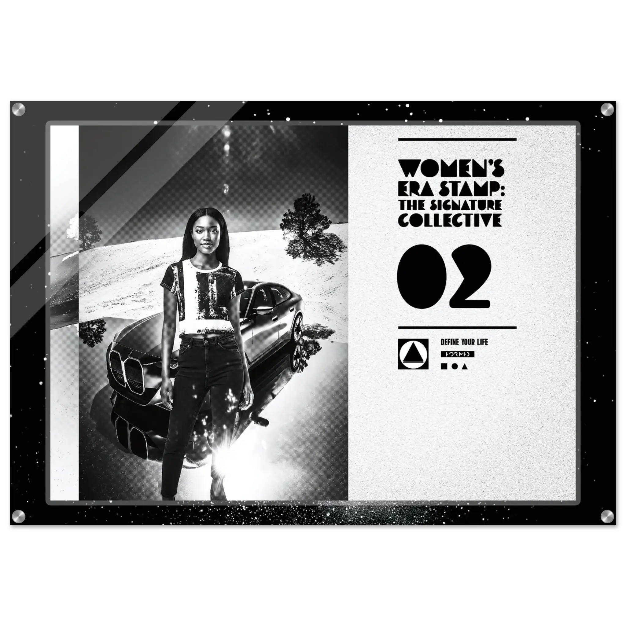 Framed poster with a woman standing next to a car, featuring branding text on a white background.