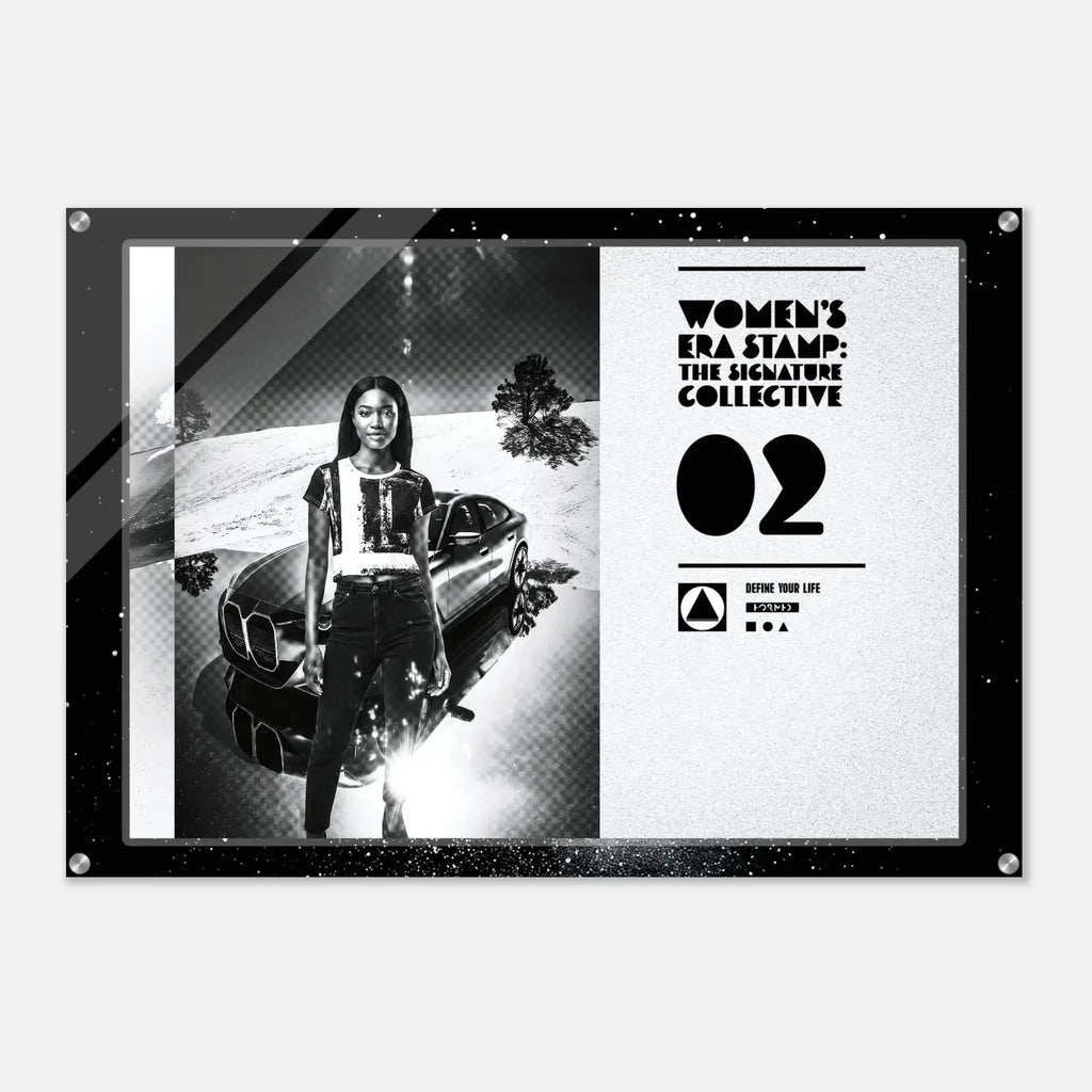 Poster with a woman standing next to a car, featuring text 'Women's Era Stamp: The Signature Collective 02'.