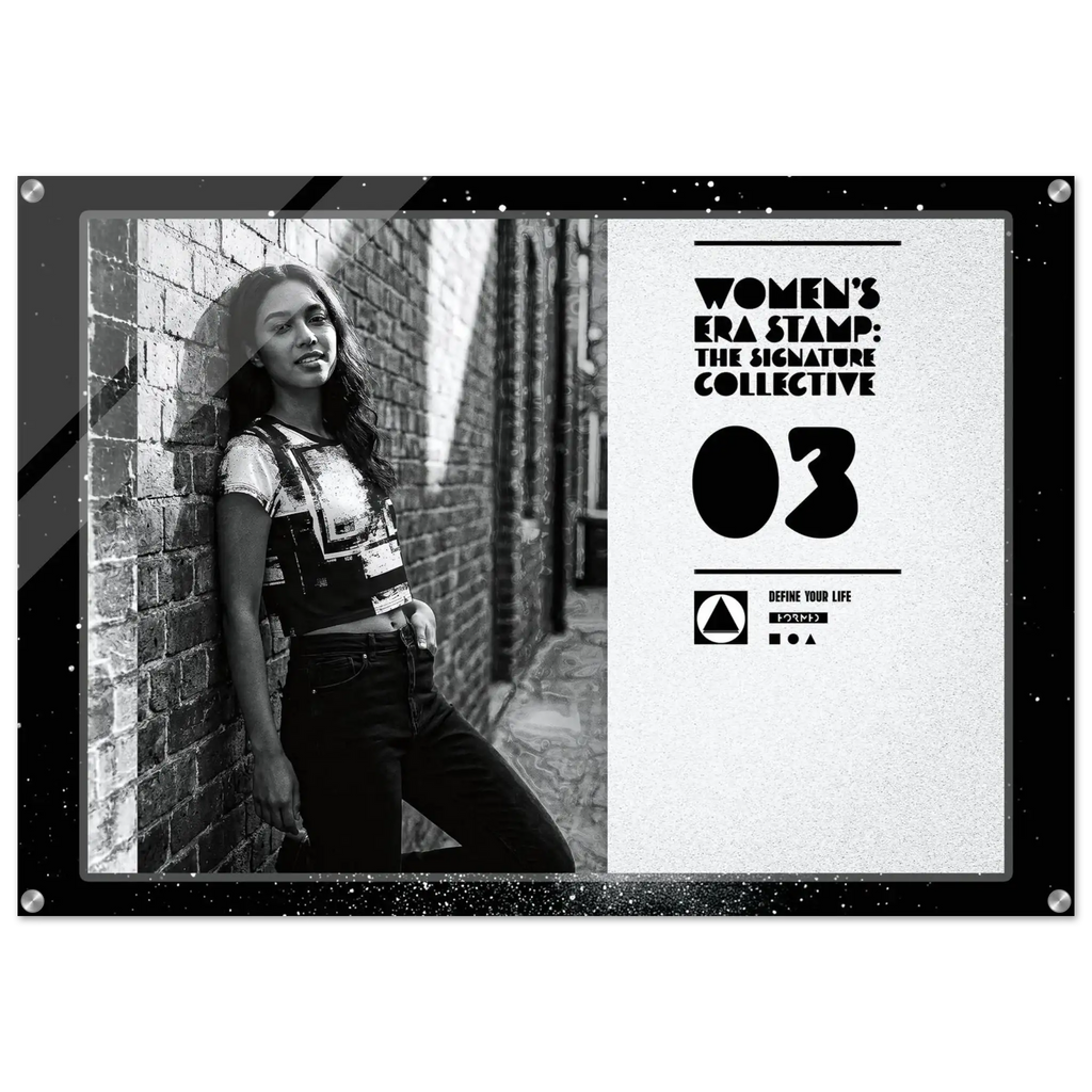 Person leaning against a brick wall with promotional text for 'Women's Era Stamp: The Signature Collective' on a white background.