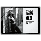 Person leaning against a brick wall with promotional text for 'Women's Era Stamp: The Signature Collective' on a white background.