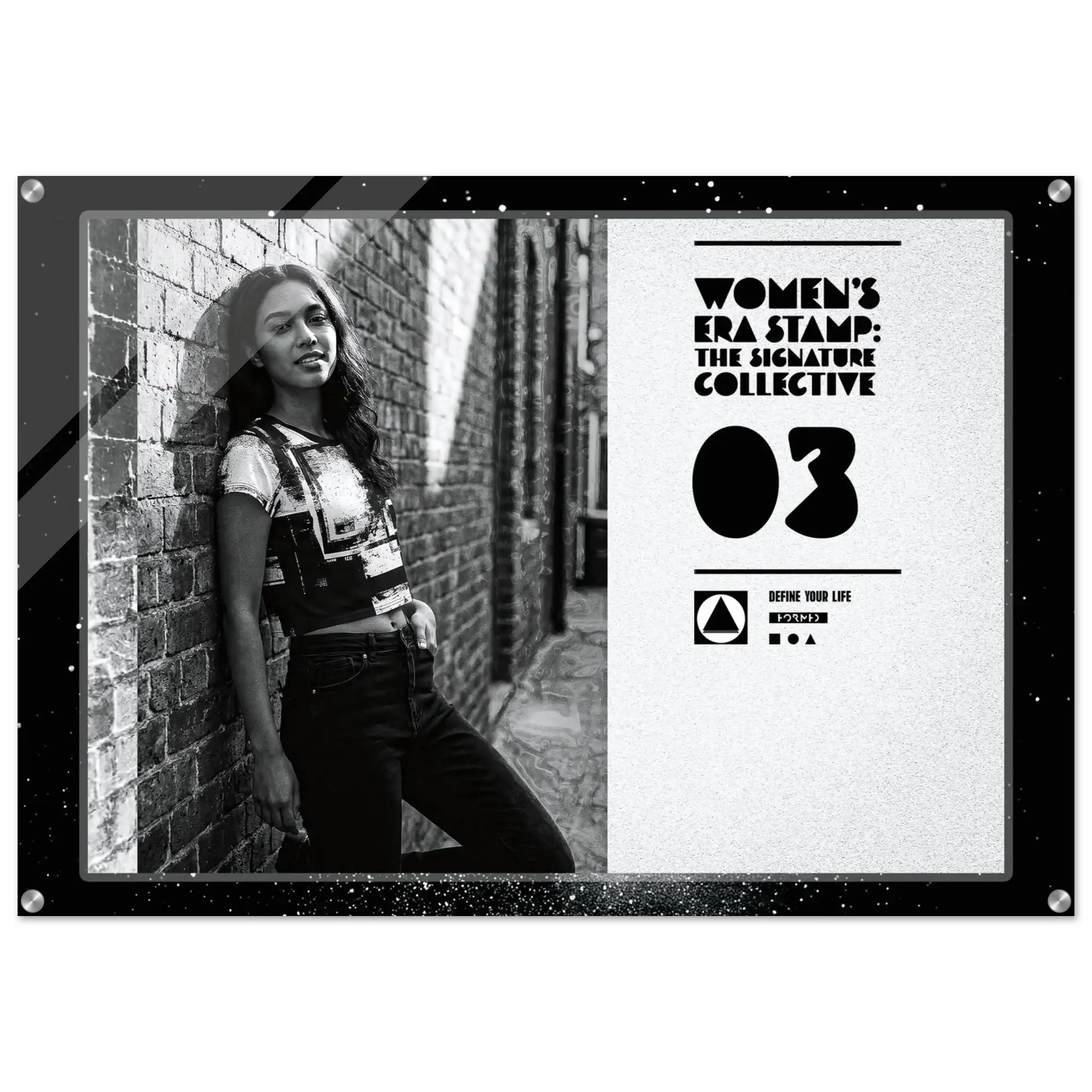 Person leaning against a brick wall with promotional text for 'Women's Era Stamp: The Signature Collective' on a white background.