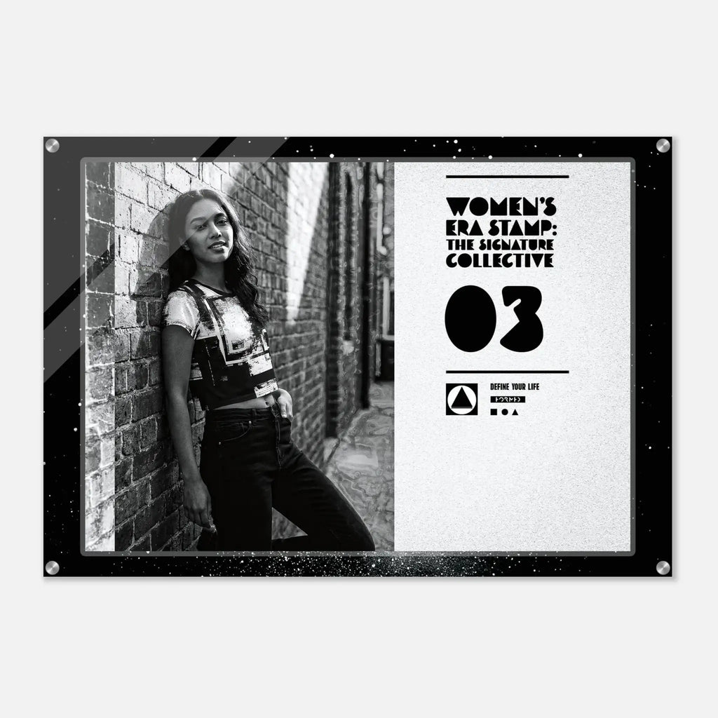 Black and white photo of a woman leaning against a brick wall with promotional text on a white background.