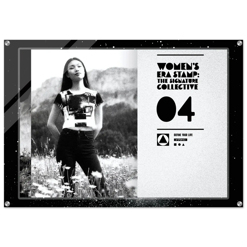 Black and white poster with a woman in a field and text about 'Women's Era Stamp'.
