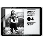 Black and white poster with a woman in a field and text about 'Women's Era Stamp'.