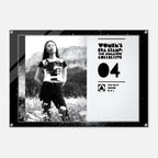 Poster with a woman in a field and 'Women's Era Stamp' branding on a white background