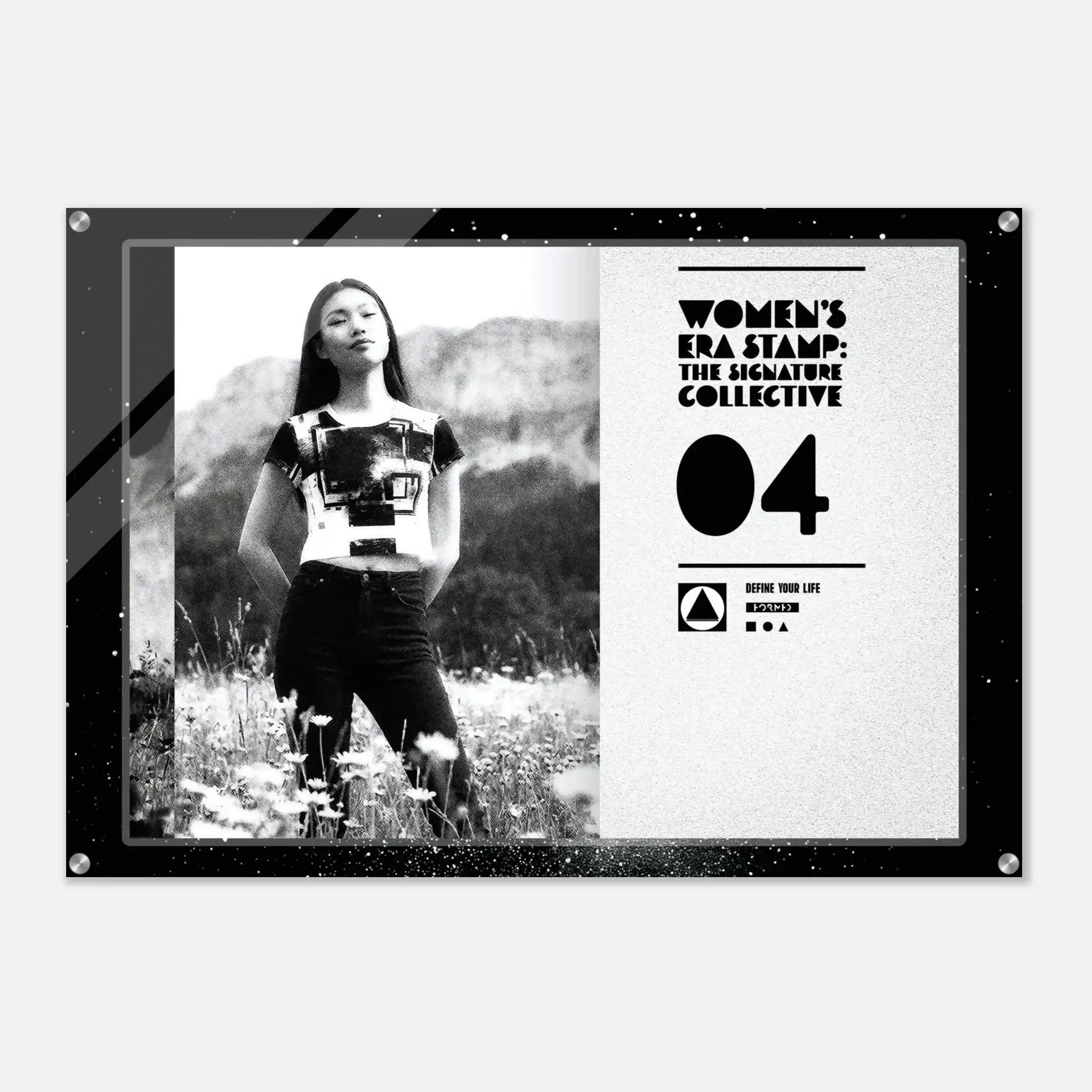 Poster with a woman in a field and 'Women's Era Stamp' branding on a white background