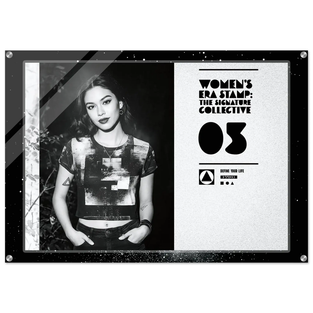 Poster with a person wearing a graphic t-shirt on the left side and text on the right, framed by decorative elements.