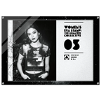 Poster with a person wearing a graphic t-shirt on the left side and text on the right, framed by decorative elements.