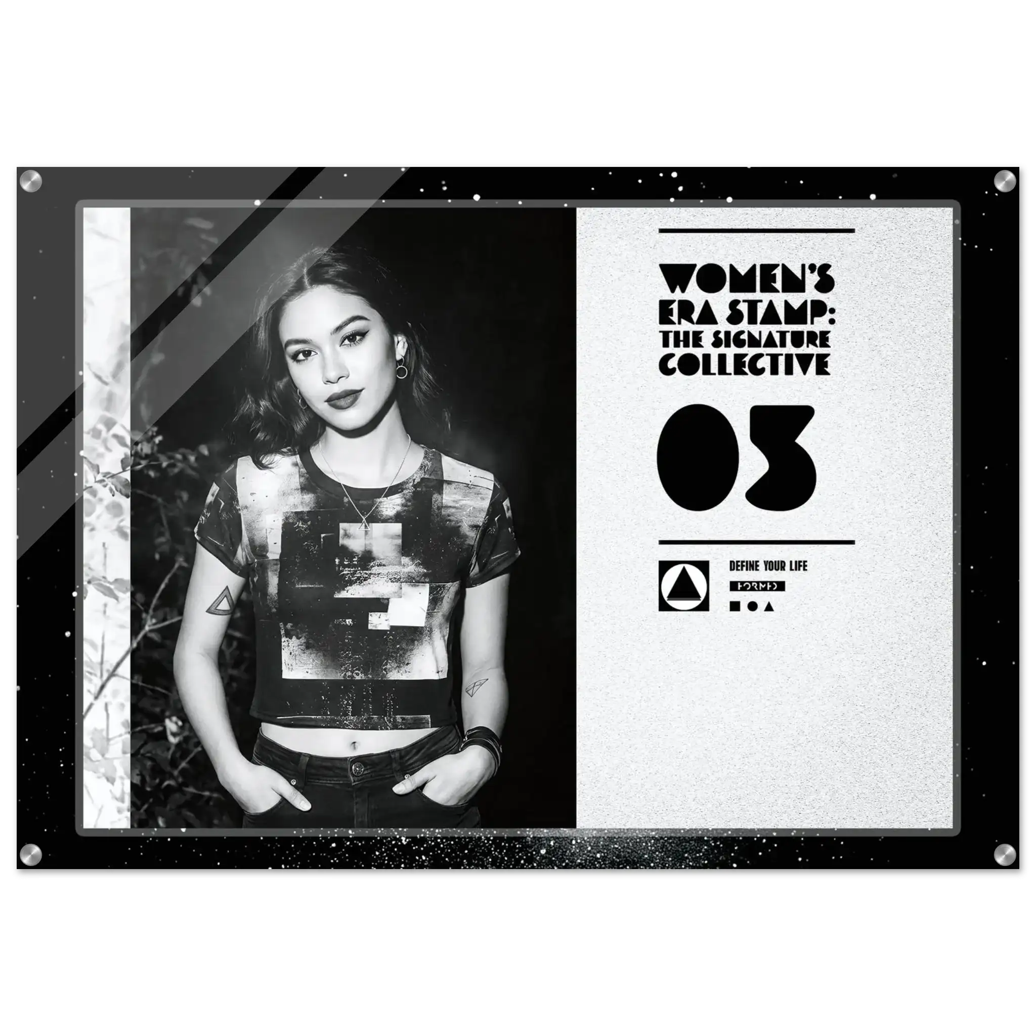 Poster with a person wearing a graphic t-shirt on the left side and text on the right, framed by decorative elements.