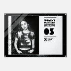Poster with a black and white photo of a person and text on a white background
