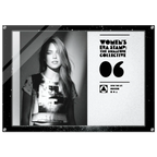 Black and white poster with a woman's face and text on a white background