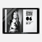 Poster with a woman's portrait and text on a white background