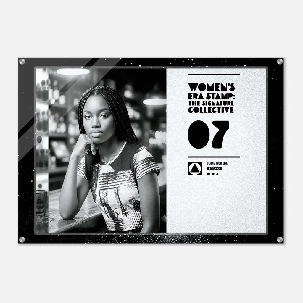 Poster with a woman in a patterned dress and text about 'Women's Era Stamp: The Signature Collective' on a white background.