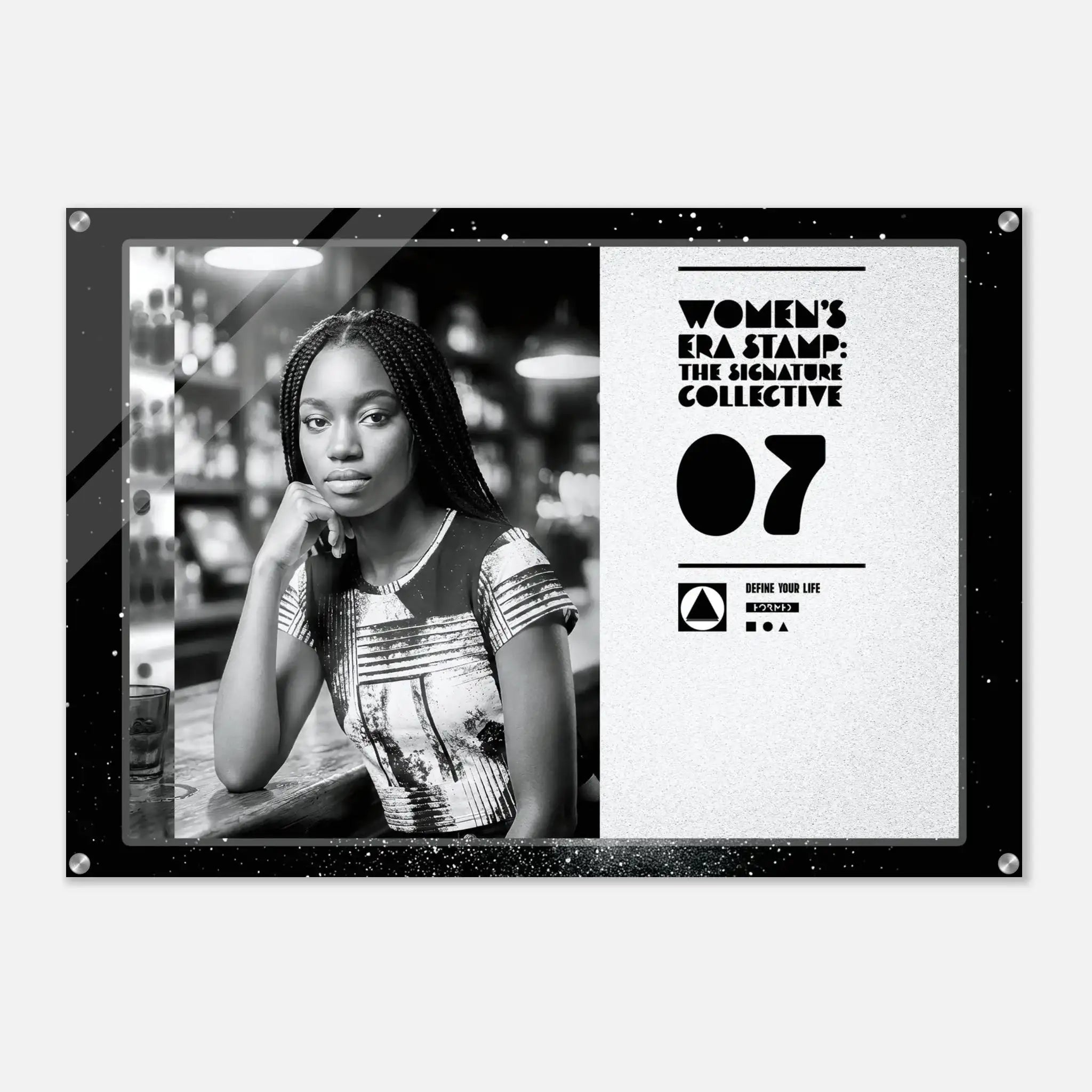 Poster with a woman in a patterned dress and text about 'Women's Era Stamp: The Signature Collective' on a white background.