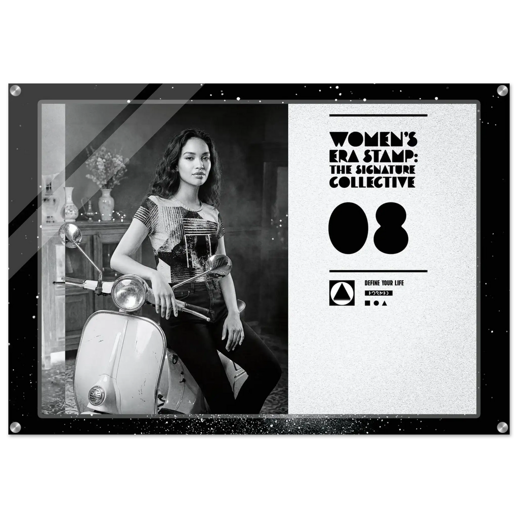 Black and white poster with a woman on a scooter and branding elements.