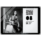 Black and white poster with a woman on a scooter and branding elements.