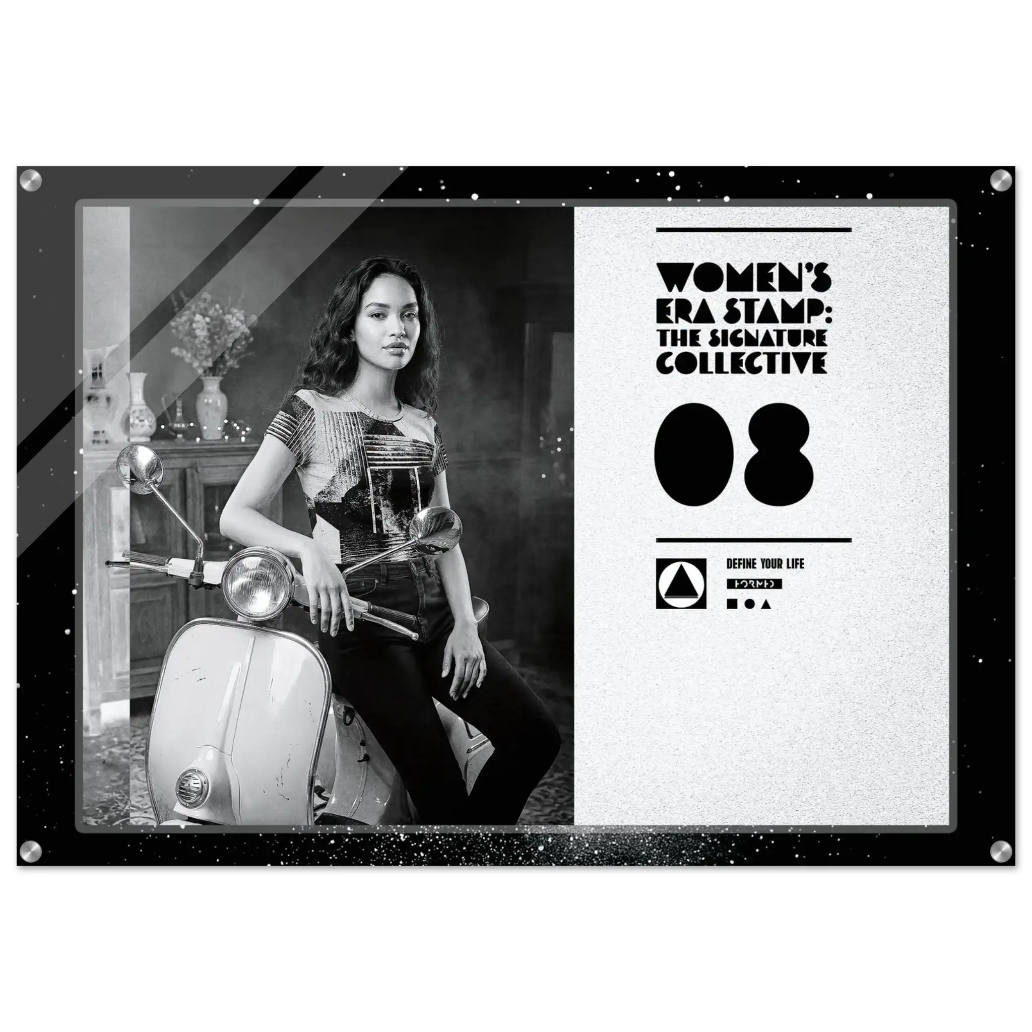 Black and white poster with a woman on a scooter and branding elements.