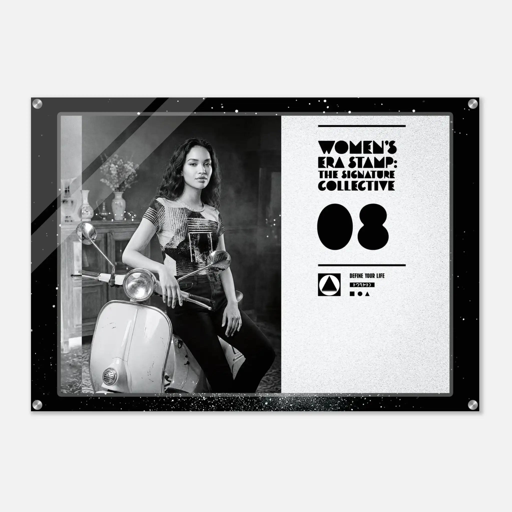 Poster with a woman sitting on a scooter, featuring branding text and design elements.