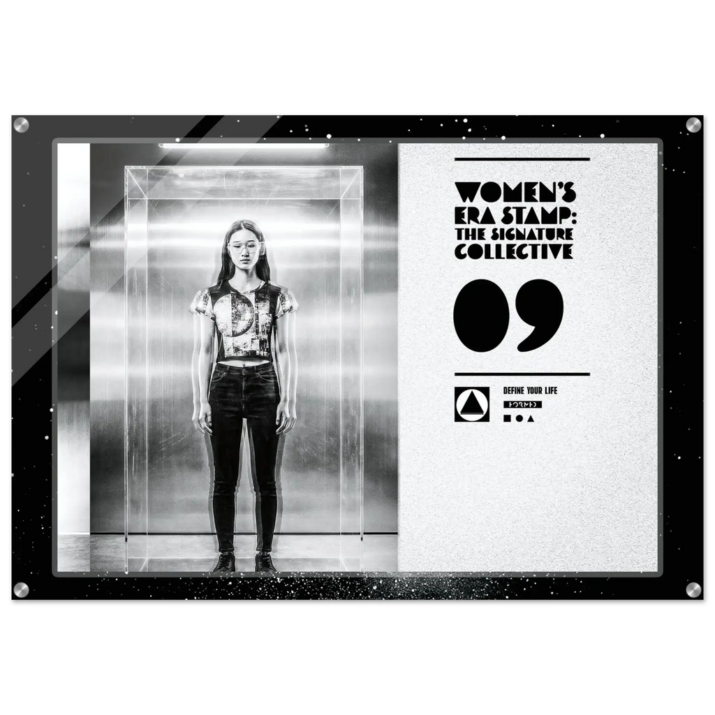 Framed black and white photo of a person in an elevator with branding text on the side.