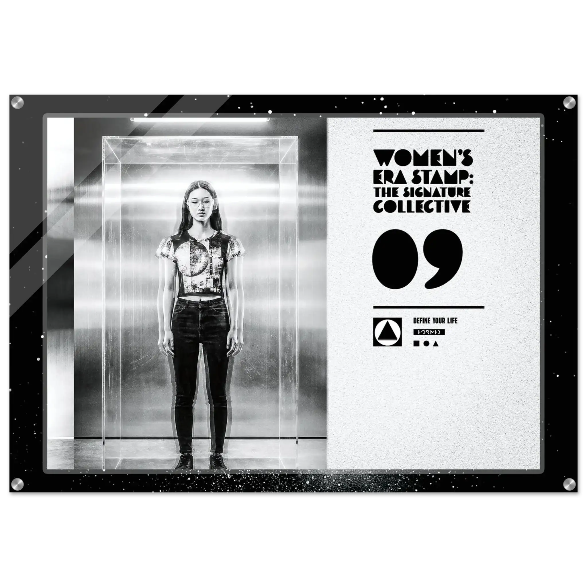 Framed black and white photo of a person in an elevator with branding text on the side.