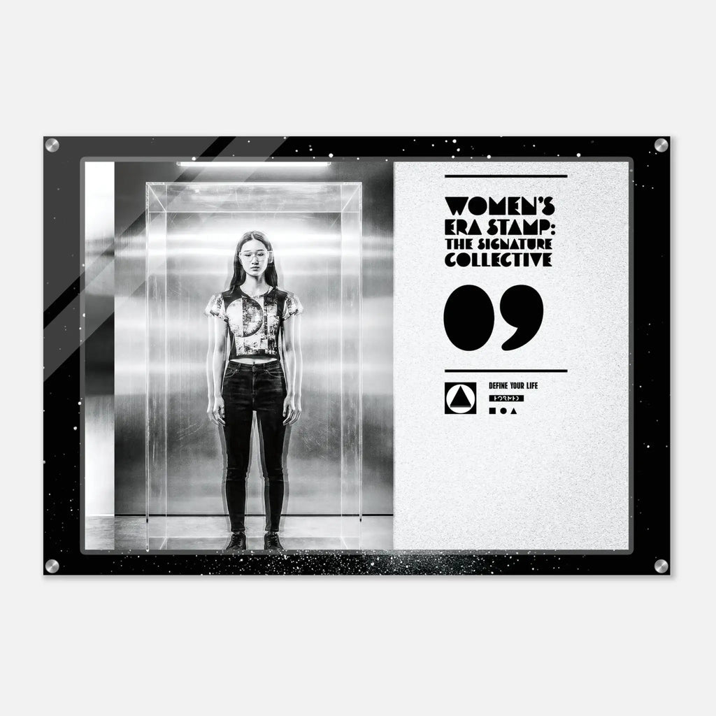 Poster with a woman in an elevator and 'Women's Era Stamp' branding on a white background