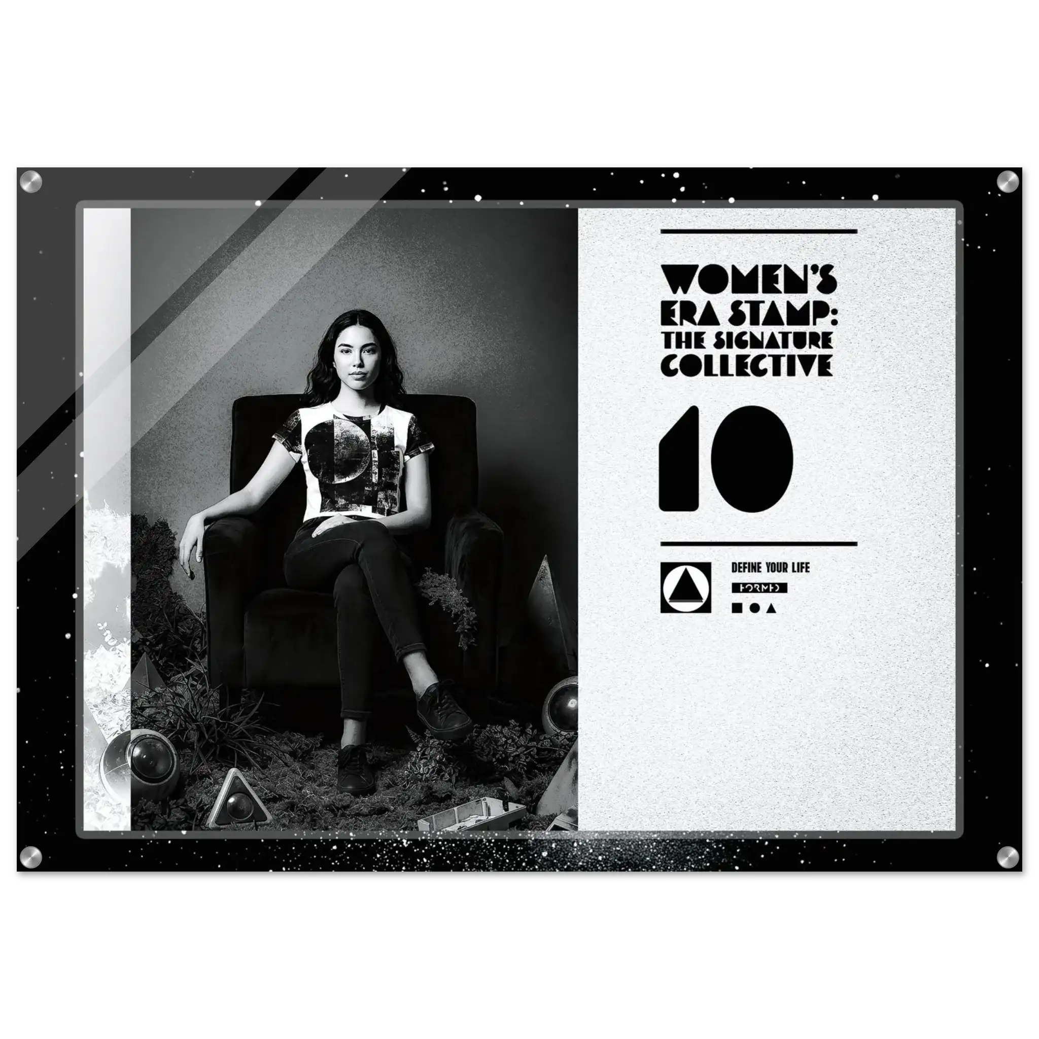 Black and white poster with a person sitting in a chair, featuring text and graphics on a white background.