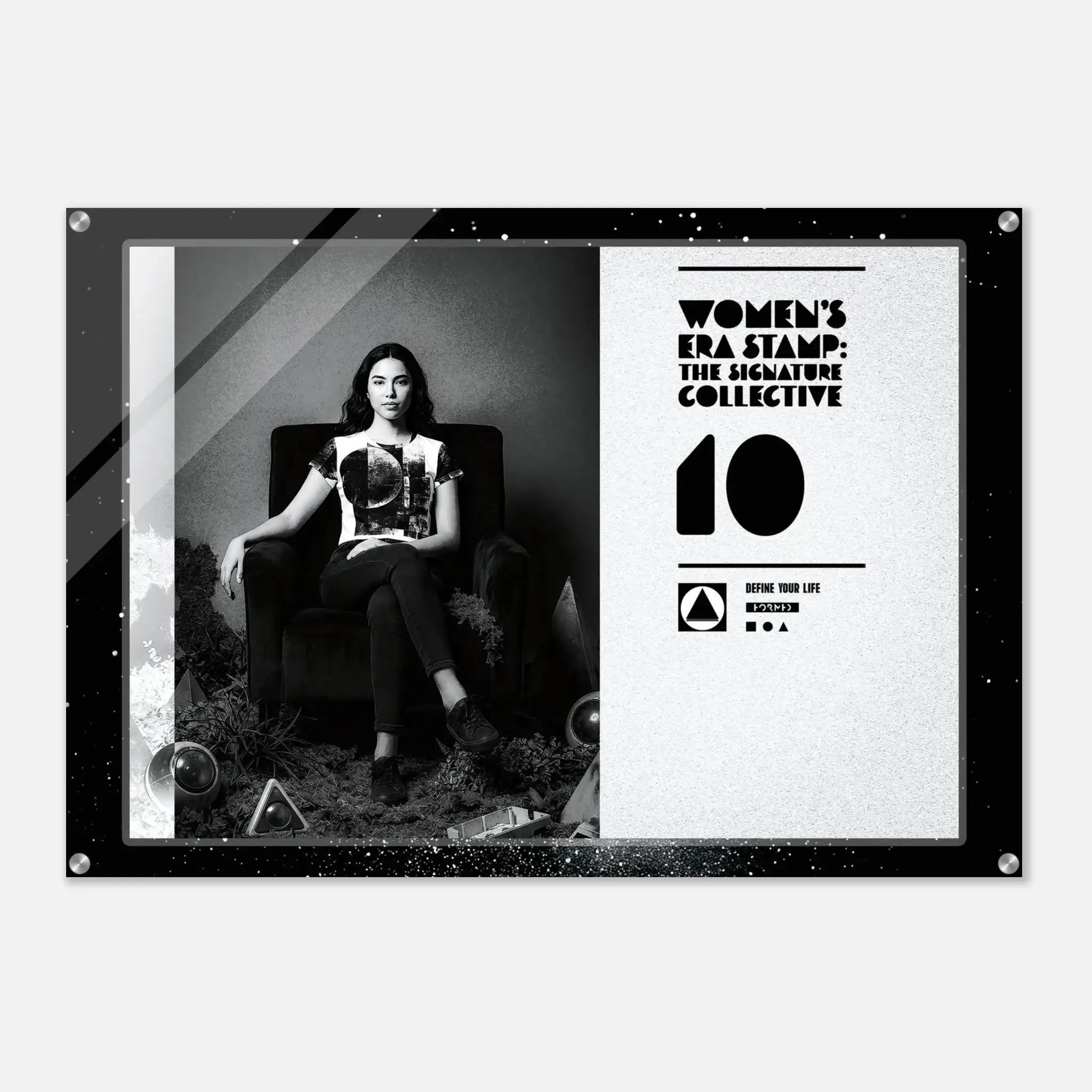 Poster with a woman sitting in a chair and text about 'Women's Era Stamp' on a white background.