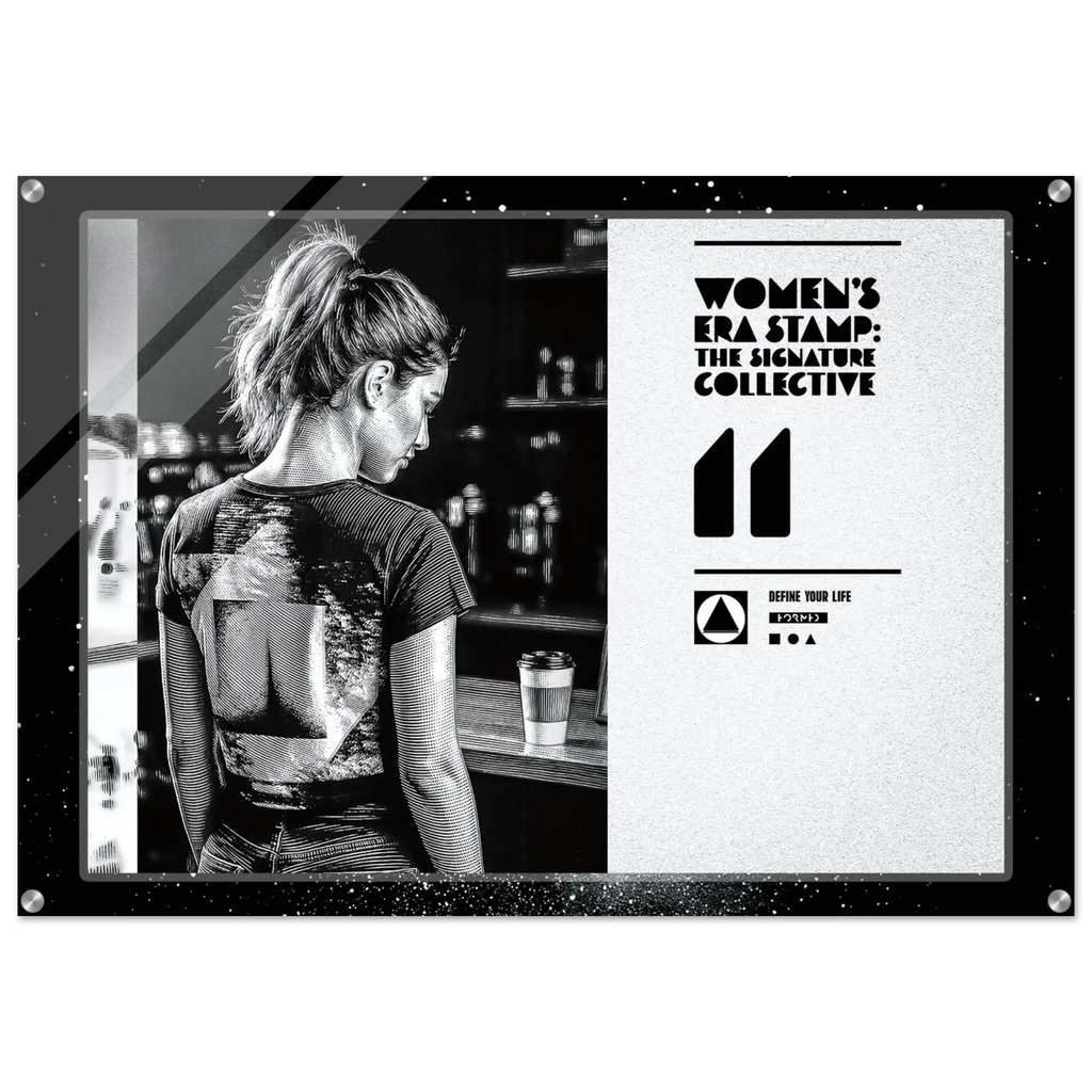Woman with tattoos sitting at a bar, framed by 'Women's Era Stamp' branding.