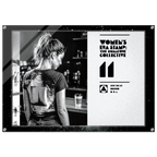Woman with tattoos sitting at a bar, framed by 'Women's Era Stamp' branding.