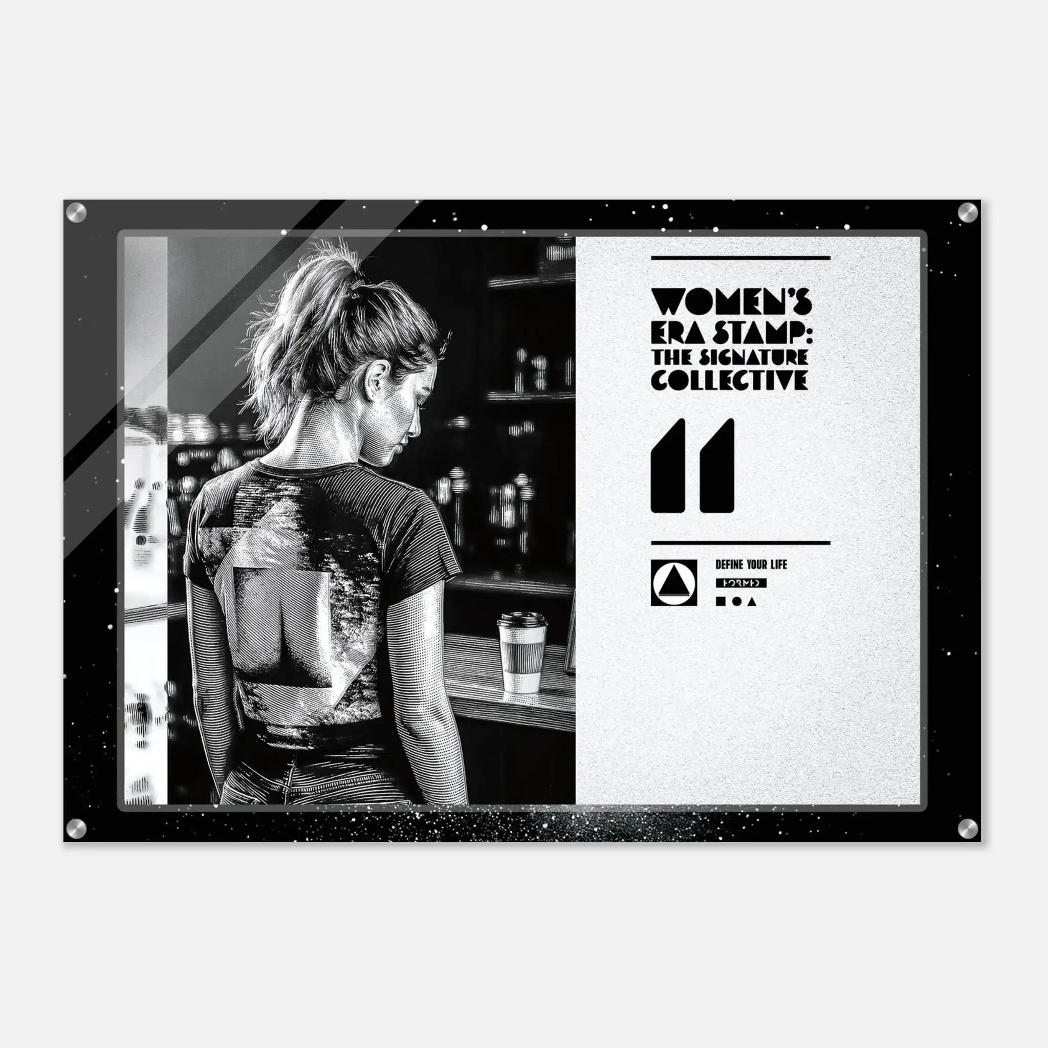Poster with a woman sitting at a bar, featuring the 'Women's Era Stamp' branding.