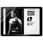 Black and white image of a woman wearing a t-shirt with a geometric design, framed by a decorative border with text and logos.