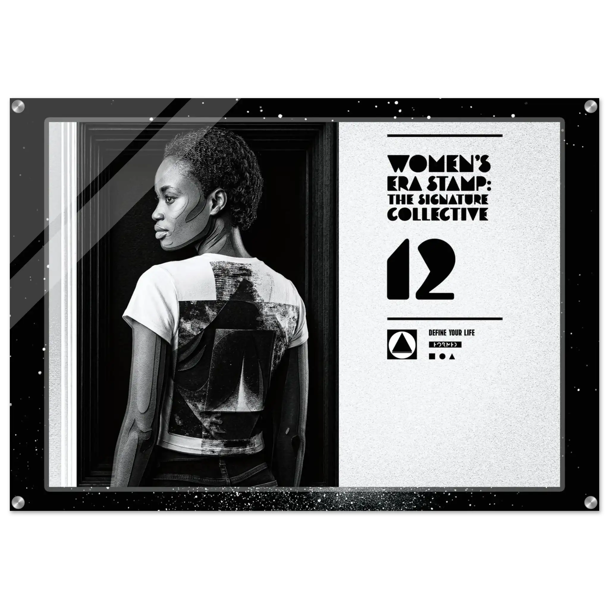 Black and white image of a woman wearing a t-shirt with a geometric design, framed by a decorative border with text and logos.
