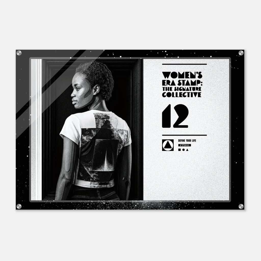 Poster with a woman wearing a t-shirt and text about 'Women's Era Stamp' on a white background