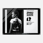 Poster with a woman wearing a t-shirt and text about 'Women's Era Stamp' on a white background