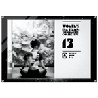 Woman meditating with 'Women's Era Stamp' branding on a black frame.