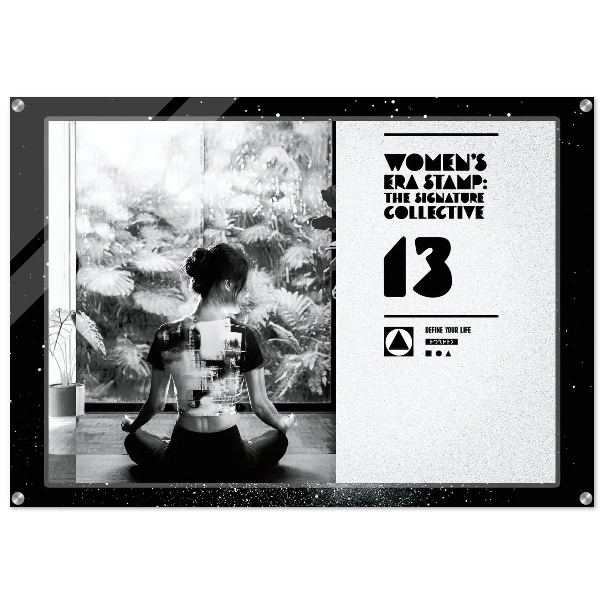 Woman meditating with 'Women's Era Stamp' branding on a black frame.