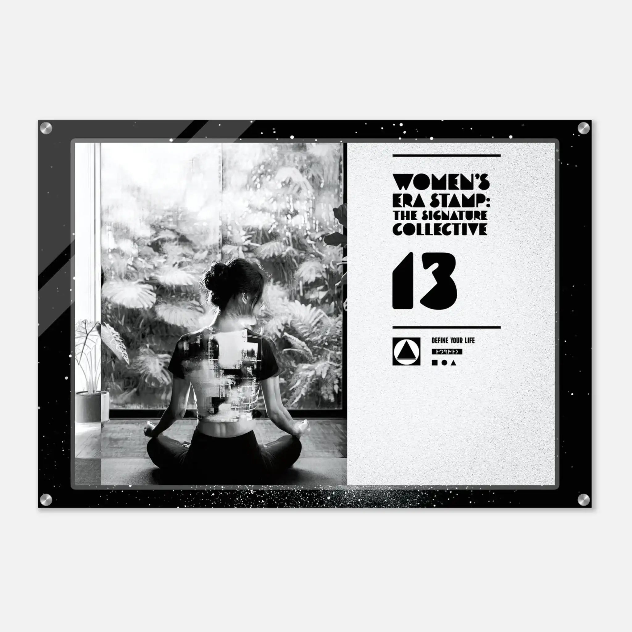 Poster with a woman sitting in a lotus position and text about 'Women's Era Stamp' on a white background.