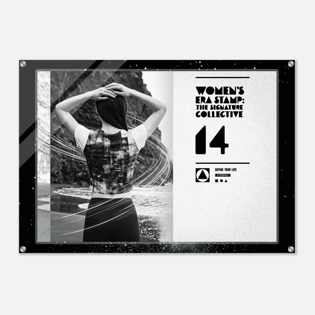 Poster with a black and white photo of a person and text about 'Women's Era Stamp' on a white background.