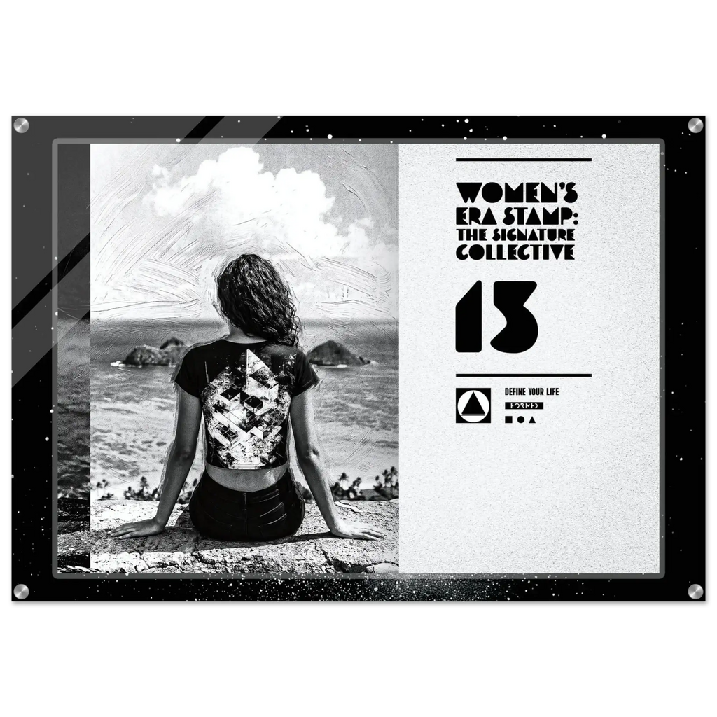 Black and white poster with a woman sitting on a beach and branding text.