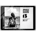 Black and white poster with a woman sitting on a beach and branding text.